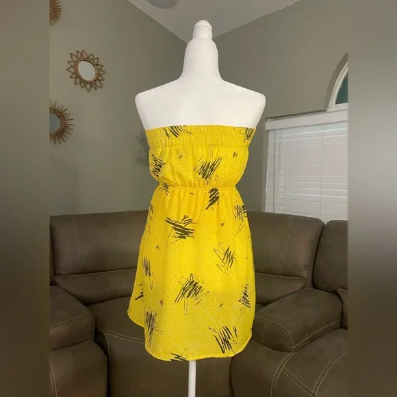 MiMi Chica Yellow & Grey Patterned Strapless Sun Dress S Spring Summern Beach - Picture 10 of 10